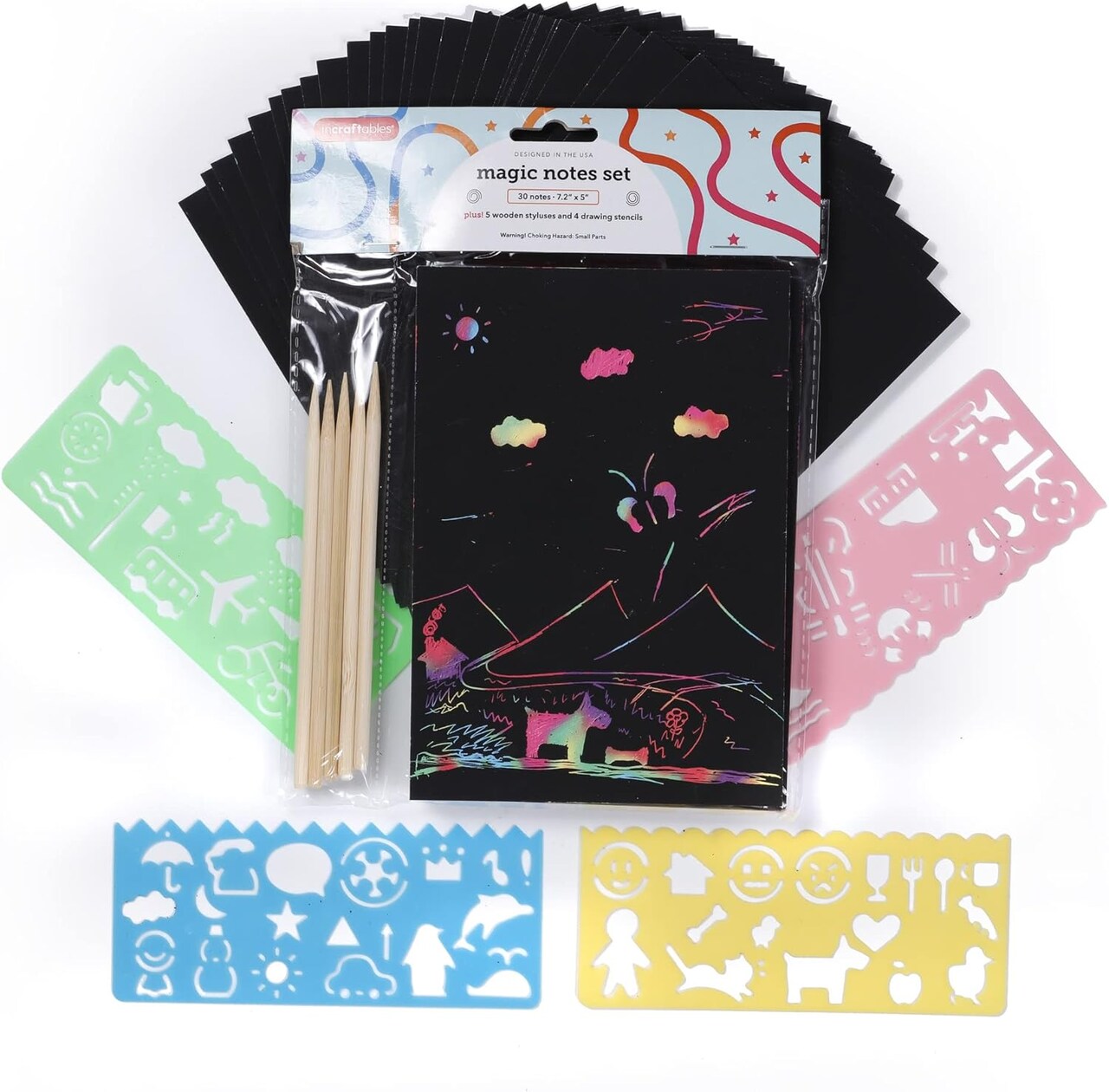 Rainbow Scratch Art Kit for Kids – 30 Rainbow Notes, 5 Wooden Styluses & 4 Stencils, Magic Scratch Paper for Drawing, Crafts, DIY Art Projects (Multicolor)